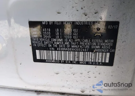 2017 Subaru Legacy 2.5I Sport from USA, damaged, VIN 4S3BNAS6XH3052487